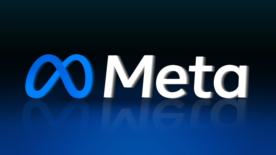Meta wordmark with a blue looping symbol on a dark gradient background and reflective surface