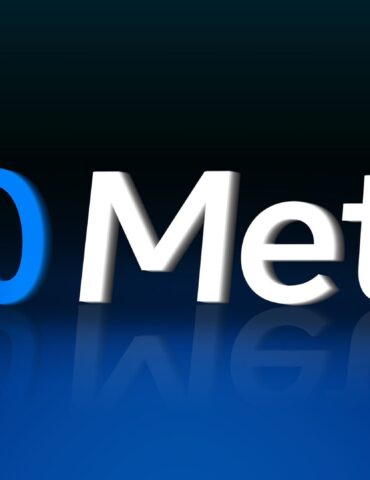 Meta wordmark with a blue looping symbol on a dark gradient background and reflective surface