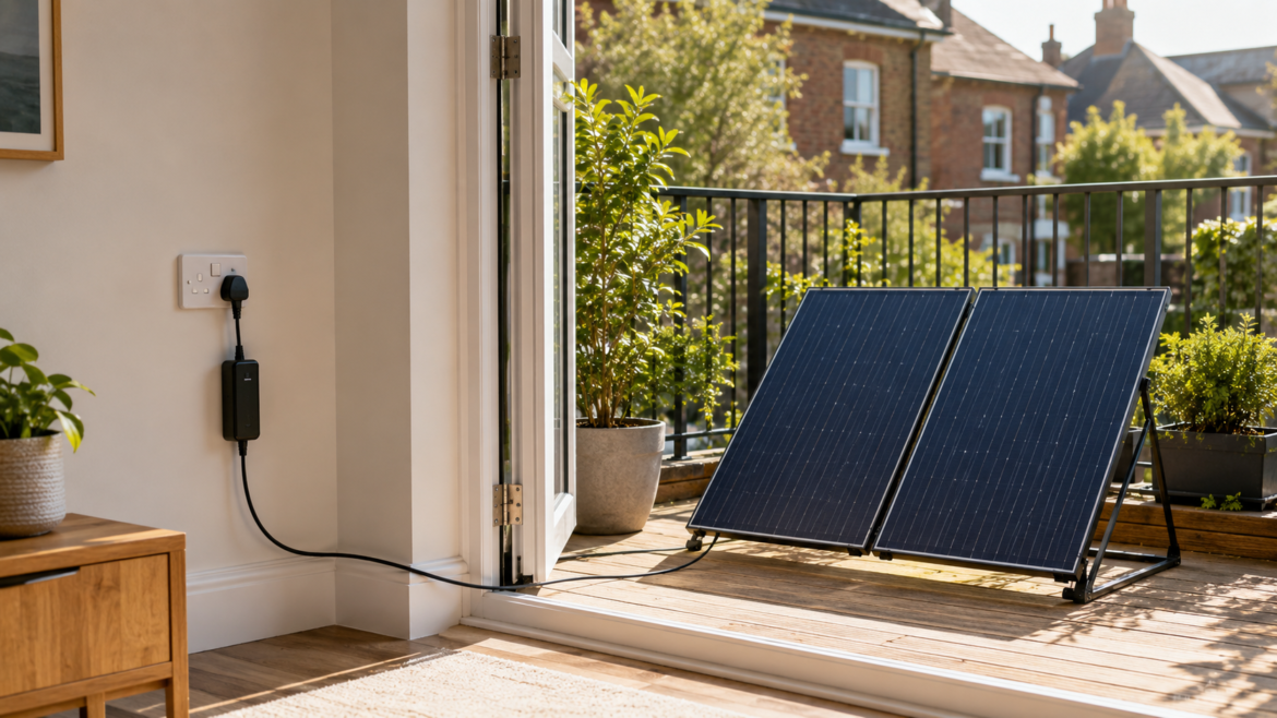 Two solar panels on a stand sit on a sunlit balcony, connected by a cable to an indoor power outlet.