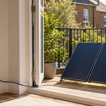 Two solar panels on a stand sit on a sunlit balcony, connected by a cable to an indoor power outlet.