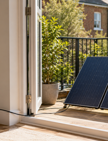 Two solar panels on a stand sit on a sunlit balcony, connected by a cable to an indoor power outlet.