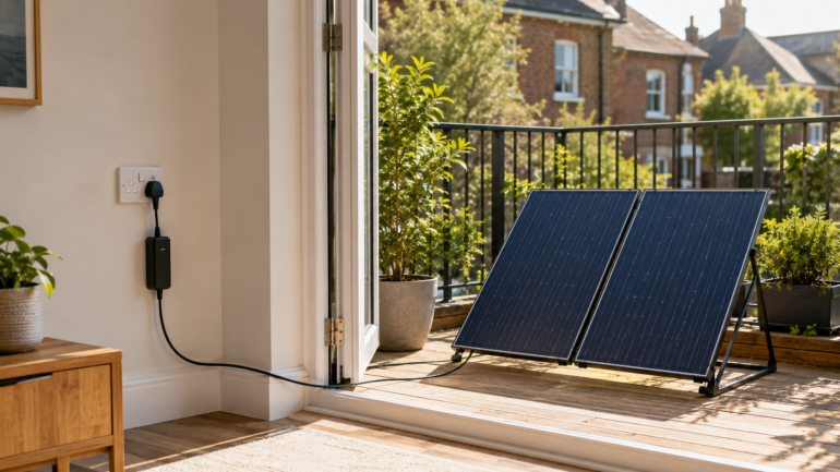 PANEL - NOTE.radio - Polskie radio w UK | Polskie radio w Londynie Two solar panels on a stand sit on a sunlit balcony, connected by a cable to an indoor power outlet.