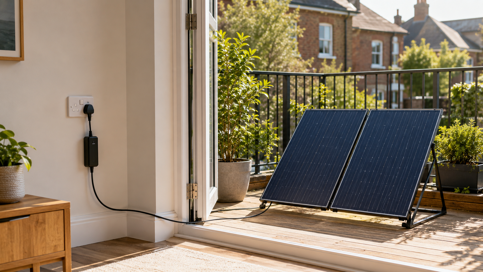 Two solar panels on a stand sit on a sunlit balcony, connected by a cable to an indoor power outlet.
