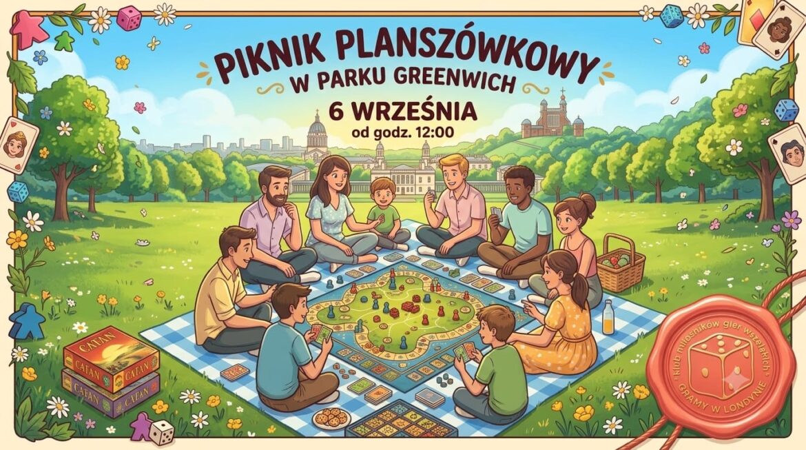 Event poster: diverse group of people sitting on a blue checkered blanket in a park, playing a large board game; headline reads 'Piknik Planszówkowy w Parku Greenwich, 6 września od godz. 12:00'.