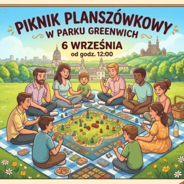 Event poster: diverse group of people sitting on a blue checkered blanket in a park, playing a large board game; headline reads 'Piknik Planszówkowy w Parku Greenwich, 6 września od godz. 12:00'.