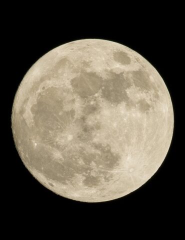 Close-up view of the Moon's cratered surface against a black sky; details of craters and maria visible throughout the disk.
