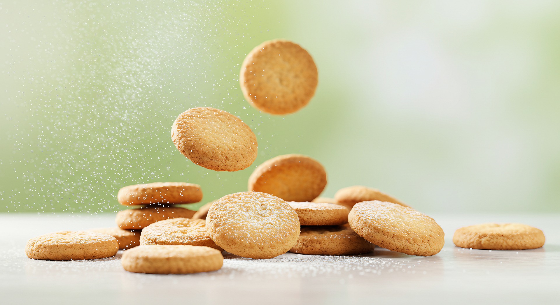 Golden round cookies piled and scattered on a white surface, fine sugar dust floating in the air.