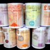Rolled Bank of England banknotes in different denominations (£10, £20, £50) arranged in vertical stacks against a dark background.