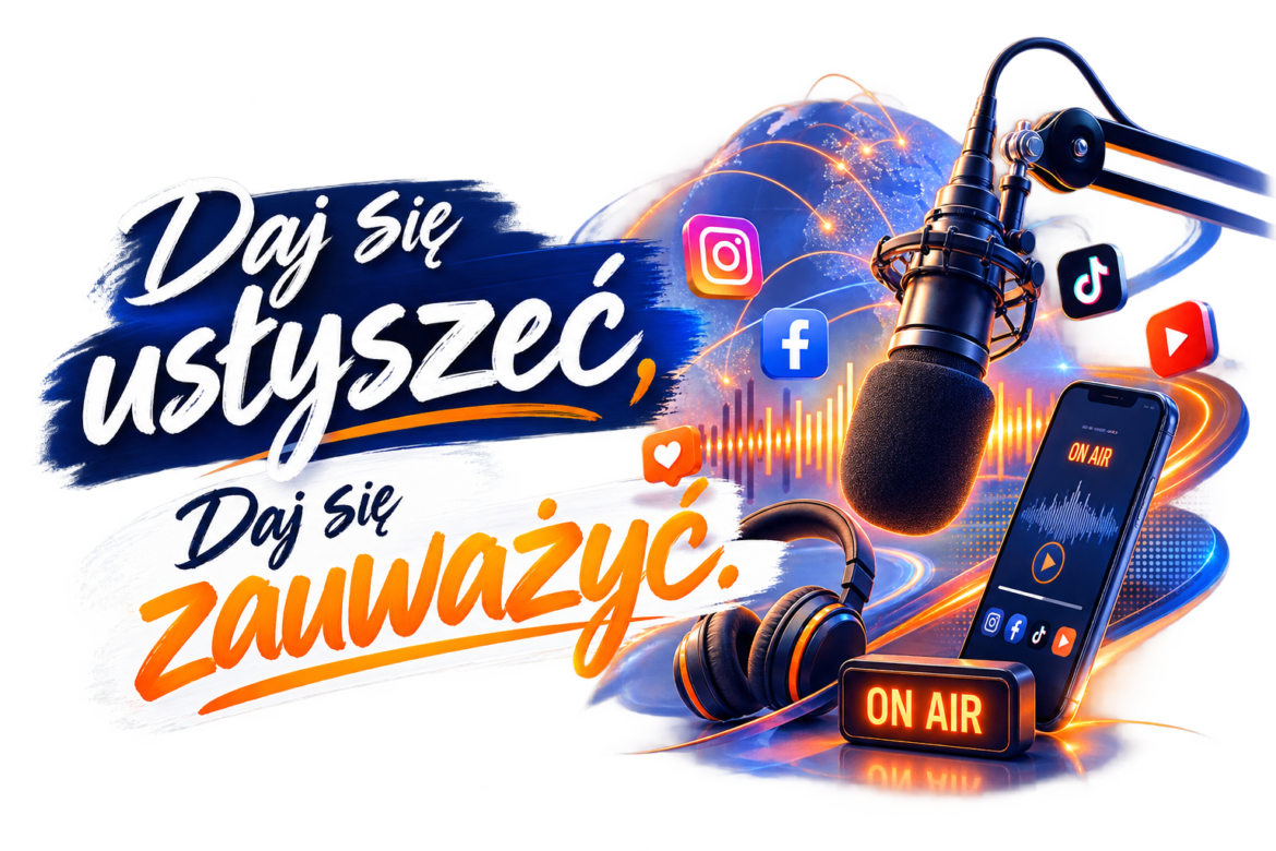 Polish podcast banner with a microphone, headphones, and an ON AIR sign beside a smartphone and social icons orbiting a globe.