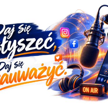 Polish podcast banner with a microphone, headphones, and an ON AIR sign beside a smartphone and social icons orbiting a globe.