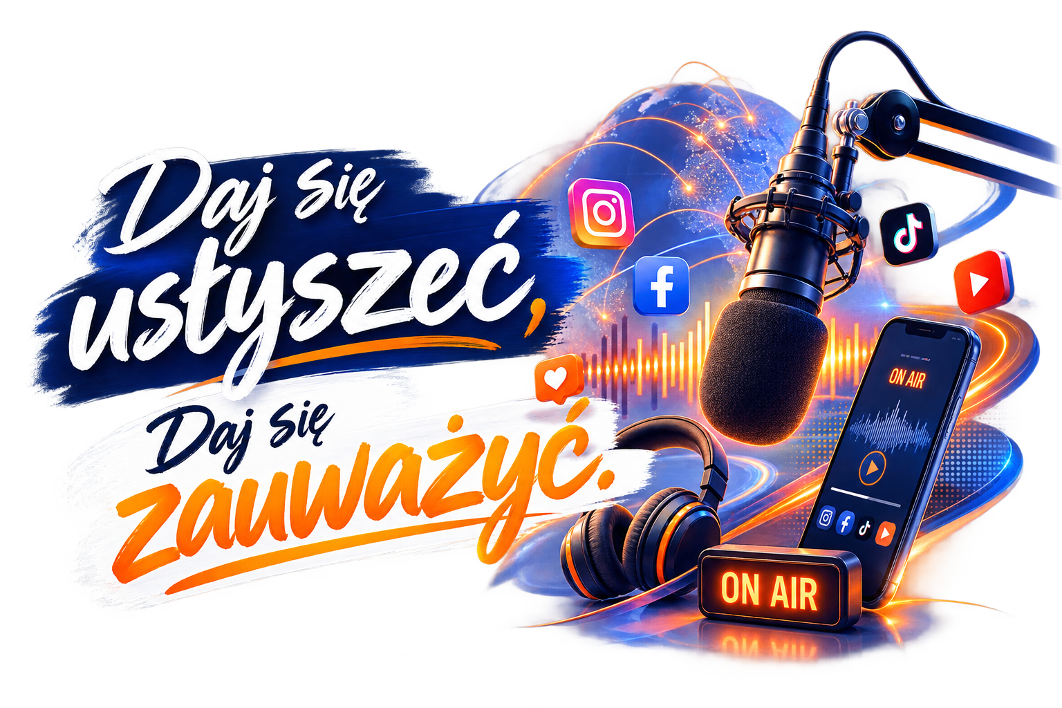 Polish podcast banner with a microphone, headphones, and an ON AIR sign beside a smartphone and social icons orbiting a globe.