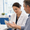 Pharmacist in a white coat shows a glucose meter to a male customer at a pharmacy counter.
