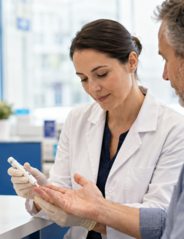 Pharmacist in a white coat shows a glucose meter to a male customer at a pharmacy counter.