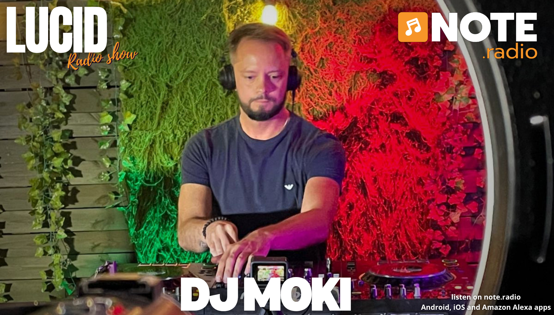 DJ performing at a colorful, leafy backdrop with 'LOUD' and 'NOTE radio' branding on the overlay.