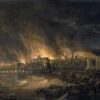 Night scene of a city on fire by the river, with a stone bridge and fortified walls in the distance.