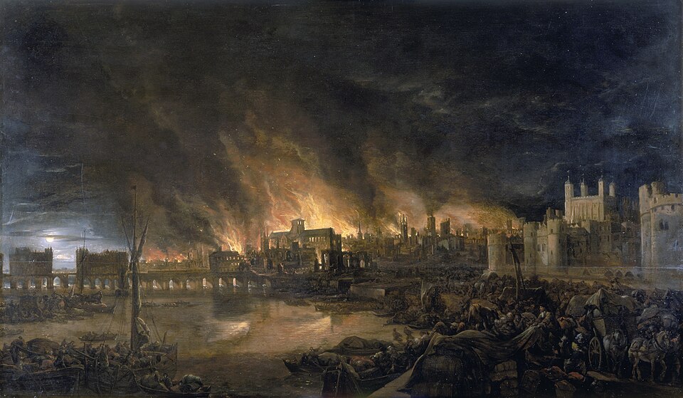 Night scene of a city on fire by the river, with a stone bridge and fortified walls in the distance.