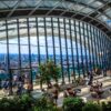 Glass-walled observation deck with city skyline, people seated at tables and walking among potted plants.