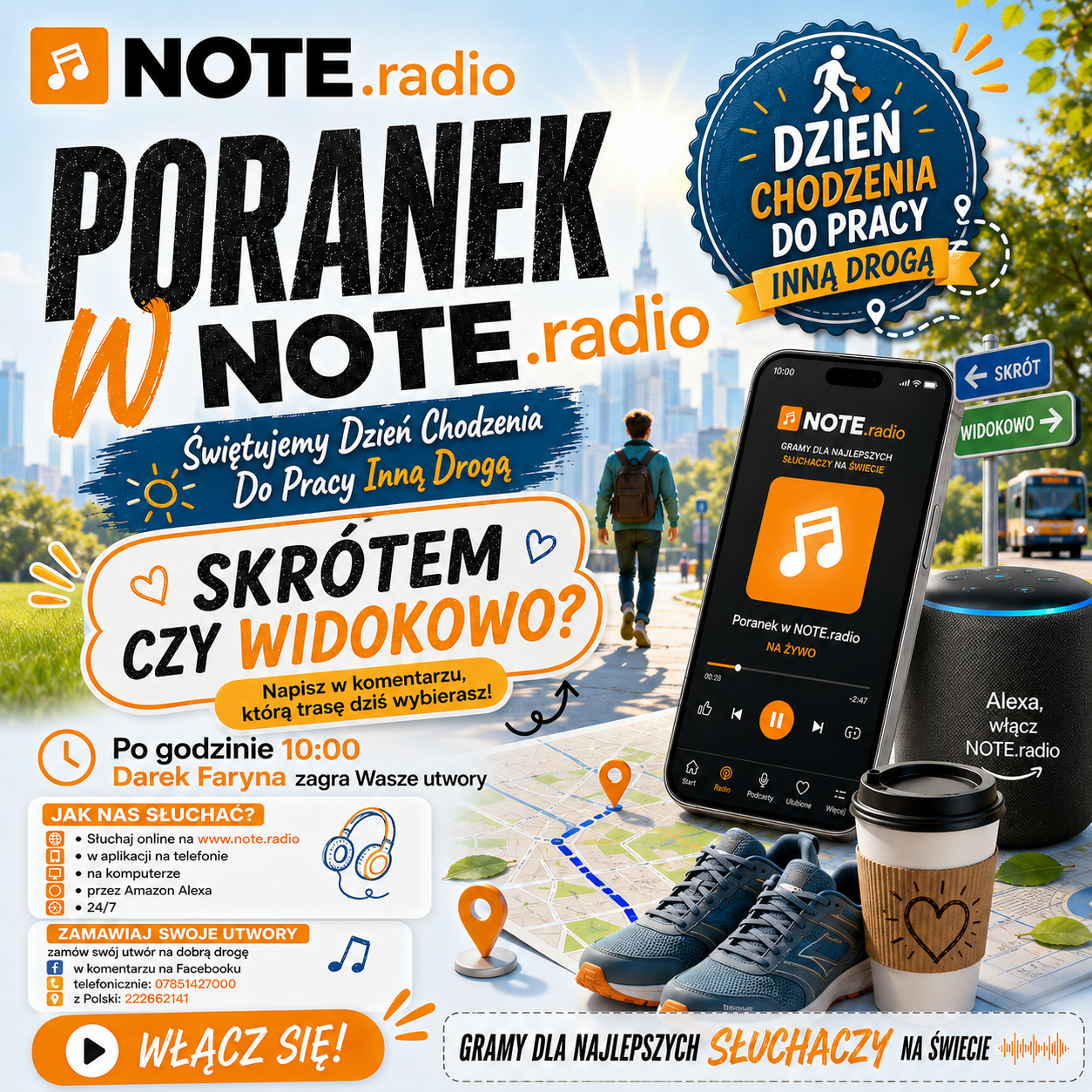 Poster for NOTE.radio promoting 'Poranek w NOTE.radio' with a person walking to work, city skyline, and a phone showing the app.
