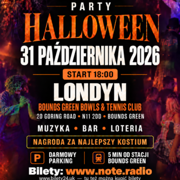 Halloween party poster for Note.radio: Oct 31, 2026, starts 18:00 in London at Bounds Green Bowls & Tennis Club; music, bar, lottery, tickets at www.note.radio