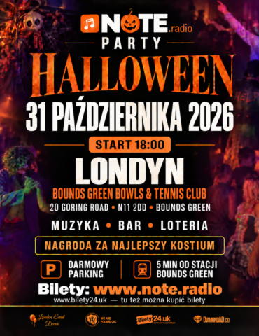 Halloween party poster for Note.radio: Oct 31, 2026, starts 18:00 in London at Bounds Green Bowls & Tennis Club; music, bar, lottery, tickets at www.note.radio