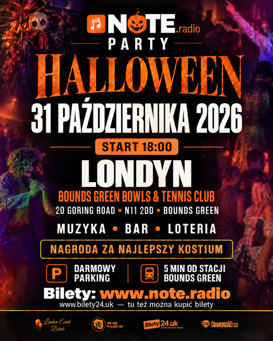 Halloween party poster for Note.radio: Oct 31, 2026, starts 18:00 in London at Bounds Green Bowls & Tennis Club; music, bar, lottery, tickets at www.note.radio