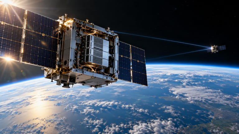 Satelita nad Ziemią jako symbol projektu AI w kosmosie