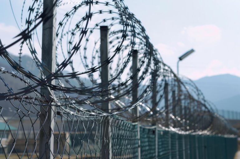Barbed razor wire coils along a chain-link fence at a high-security barrier, with distant mountains in the background.