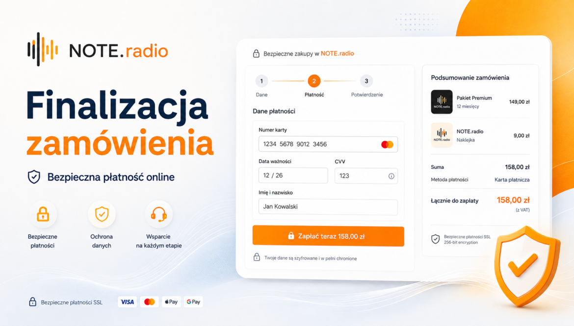 Finalizacja zamówienia checkout: form for card data on the left and a summary with total on the right, orange CTA button in the center-left panel.