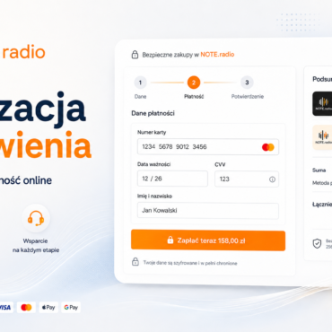 Finalizacja zamówienia checkout: form for card data on the left and a summary with total on the right, orange CTA button in the center-left panel.