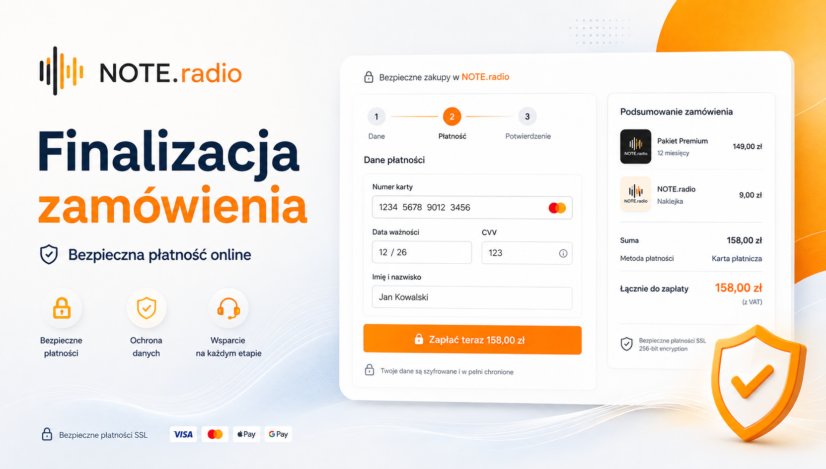 Finalizacja zamówienia checkout: form for card data on the left and a summary with total on the right, orange CTA button in the center-left panel.
