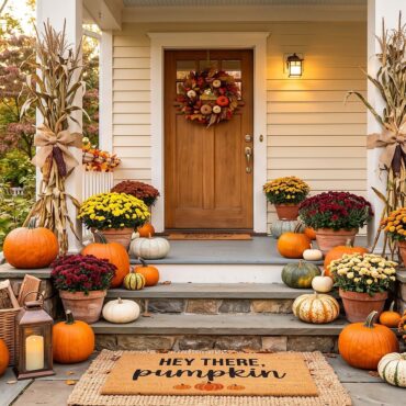 Fall porch decorated for autumn with pumpkins, mums, cornstalks, and a welcome mat reading 'Hey there, pumpkin' in warm sunset light.