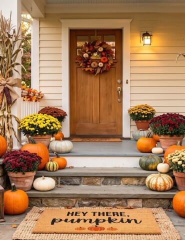 Fall porch decorated for autumn with pumpkins, mums, cornstalks, and a welcome mat reading 'Hey there, pumpkin' in warm sunset light.