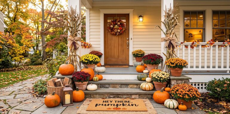 Fall porch decorated for autumn with pumpkins, mums, cornstalks, and a welcome mat reading 'Hey there, pumpkin' in warm sunset light.