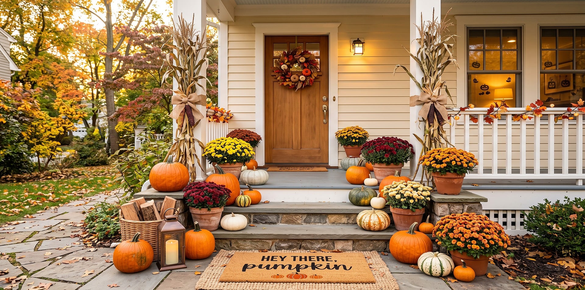 Fall porch decorated for autumn with pumpkins, mums, cornstalks, and a welcome mat reading 'Hey there, pumpkin' in warm sunset light.