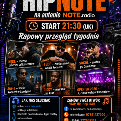 Promotional poster for HipNote on NOTE.radio with neon text announcing START 21:30 (UK) and six artist panels, advertising how to listen and contact info for fans.