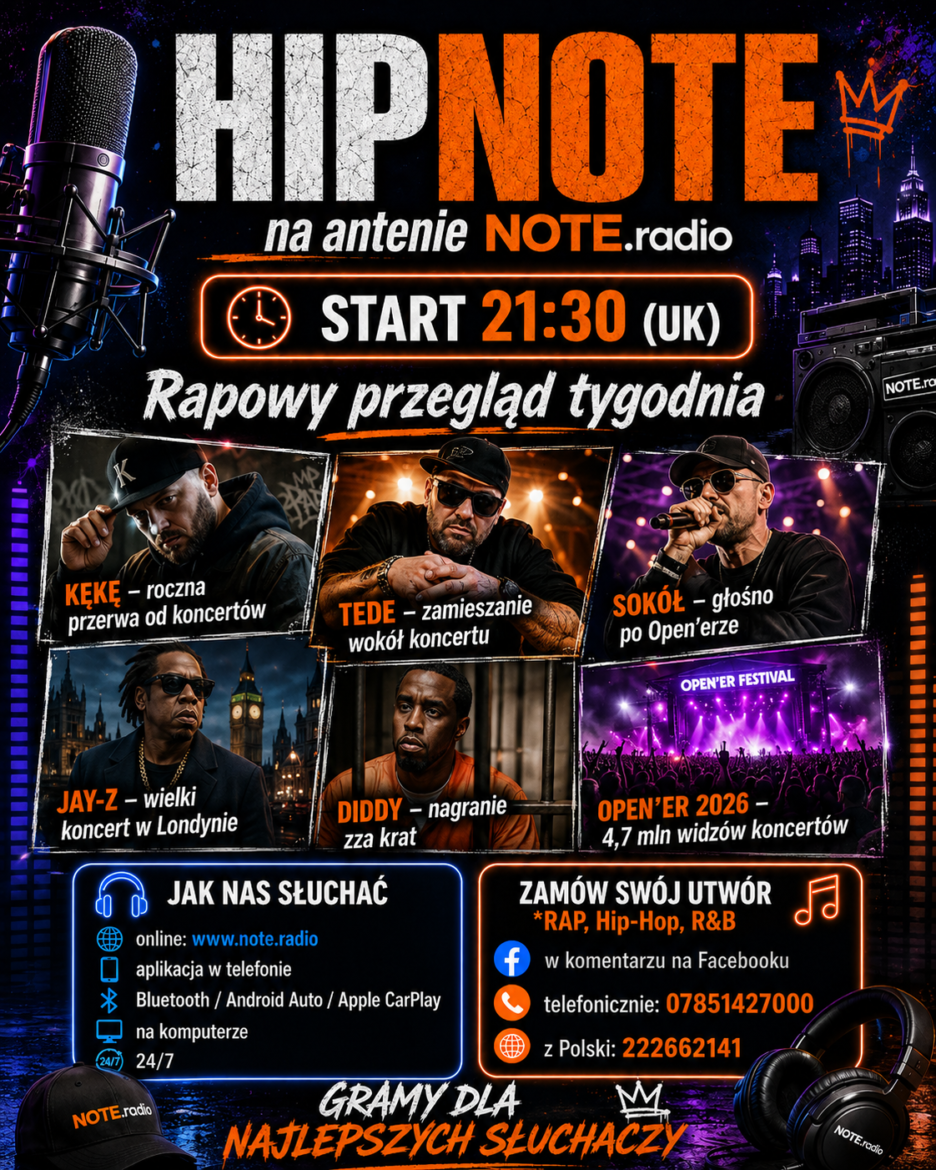 Promotional poster for HipNote on NOTE.radio with neon text announcing START 21:30 (UK) and six artist panels, advertising how to listen and contact info for fans.
