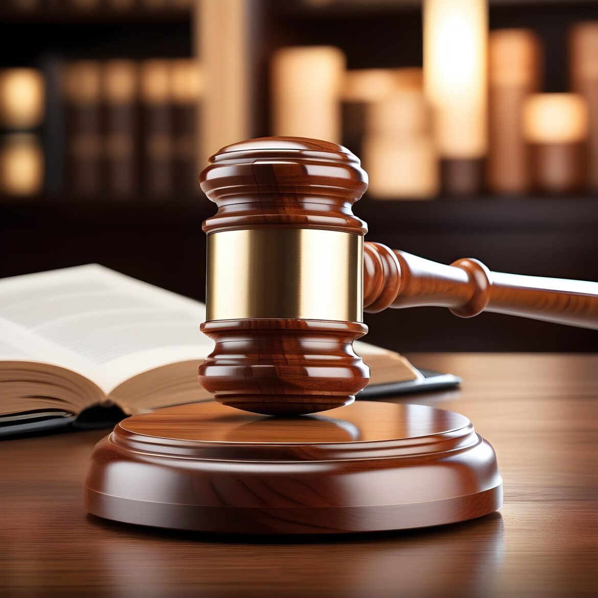 Judge's gavel resting on a sound block with an open book in the background, suggesting a legal or courtroom setting.