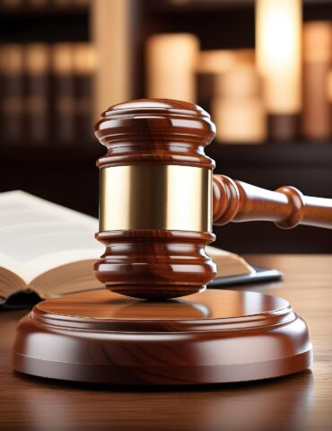 Judge's gavel resting on a sound block with an open book in the background, suggesting a legal or courtroom setting.