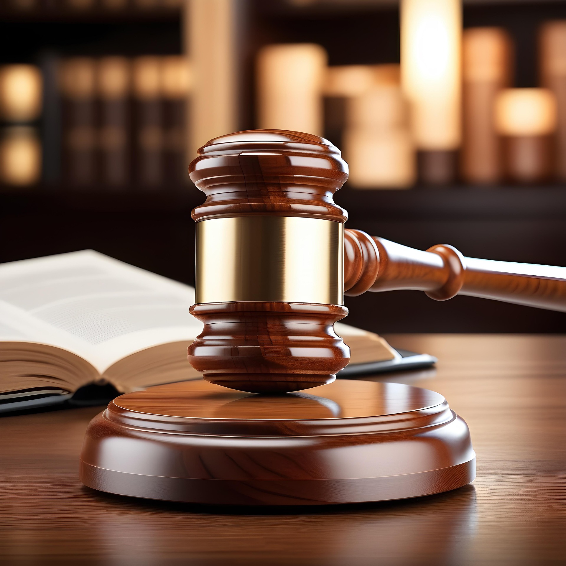 Judge's gavel resting on a sound block with an open book in the background, suggesting a legal or courtroom setting.