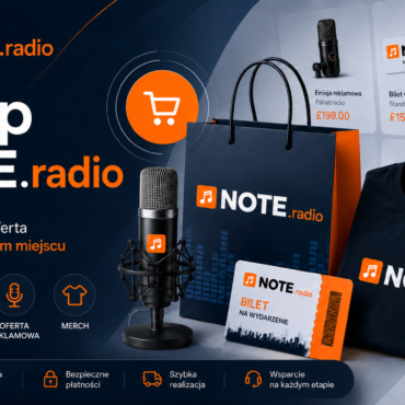 Promotional banner for NOTE.radio store featuring branded merchandise (tote bag, T-shirt) and product cards with prices on a navy background.