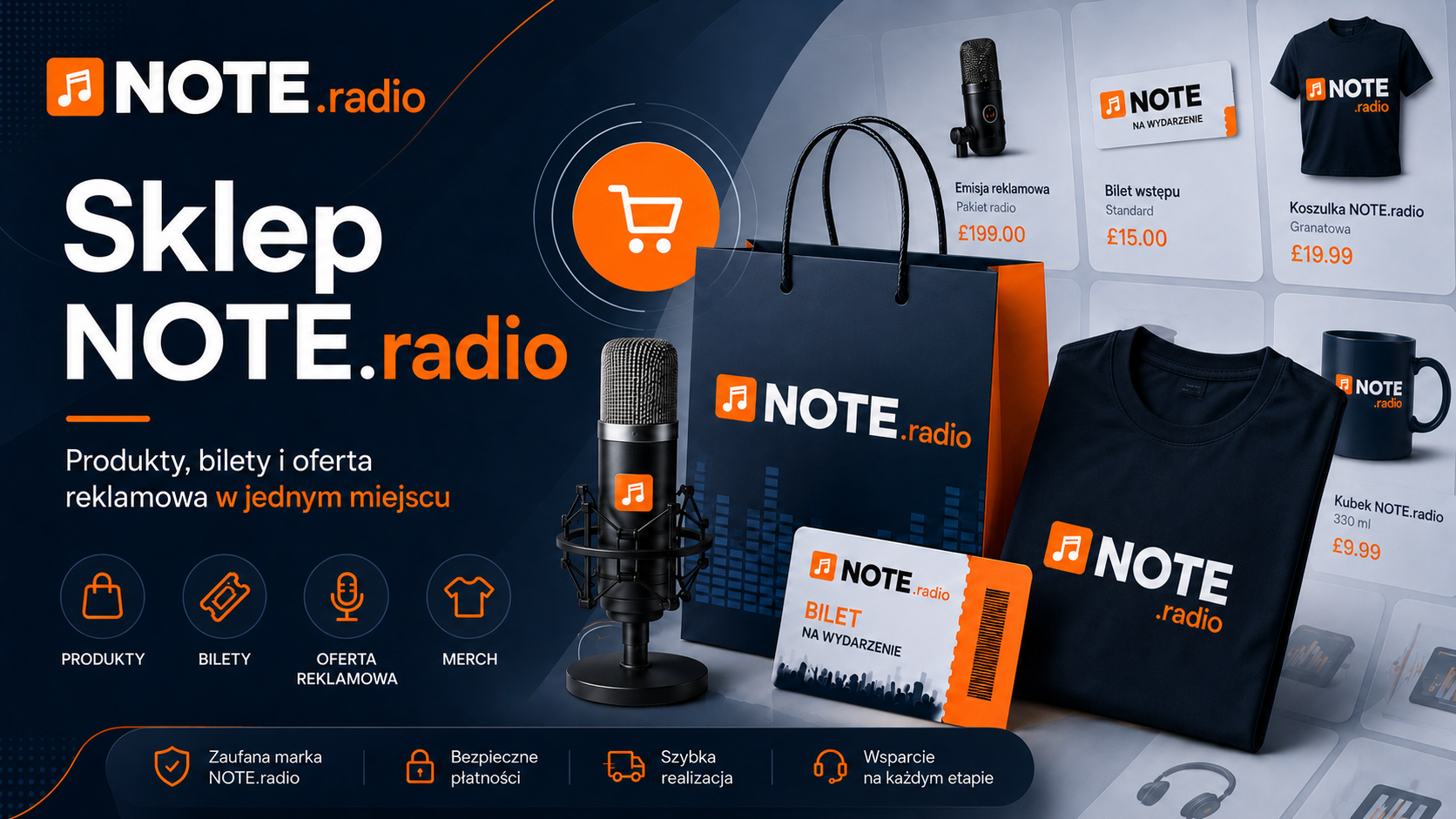 Promotional banner for NOTE.radio store featuring branded merchandise (tote bag, T-shirt) and product cards with prices on a navy background.