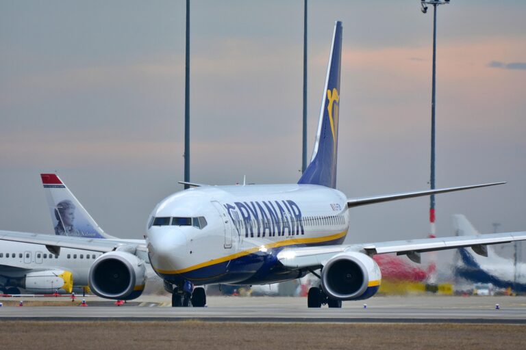 Front view of a Ryanair airliner on the taxiway, nose portion facing the camera with blue-yellow livery