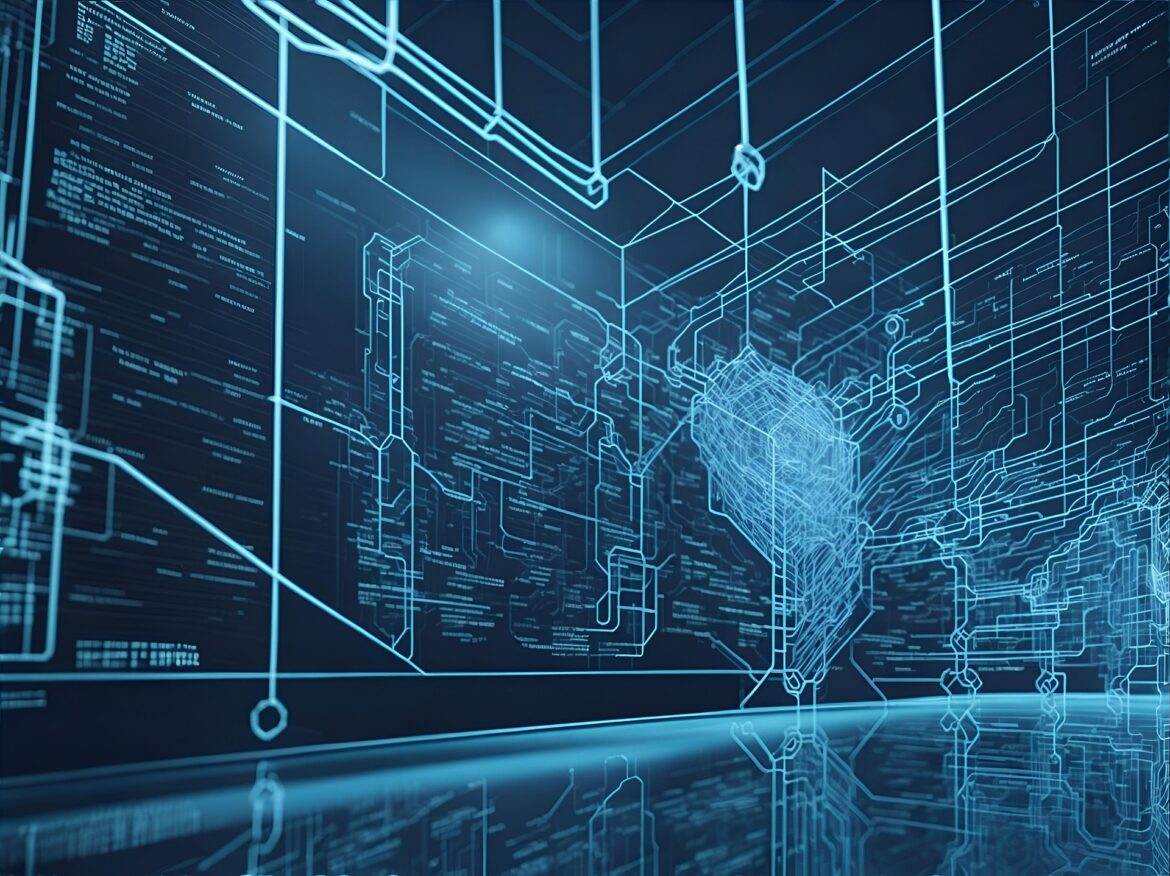 Futuristic blue digital circuit network with interconnected lines and a wireframe cube in the background.