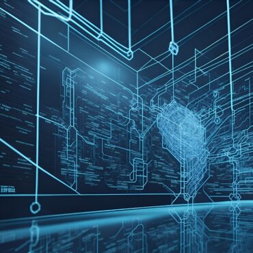 Futuristic blue digital circuit network with interconnected lines and a wireframe cube in the background.