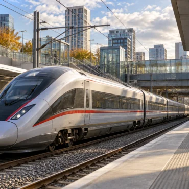 High-speed silver train with a red stripe sits at a platform in a modern city station on a sunny day.
