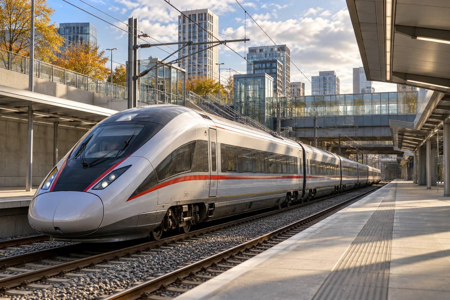 High-speed silver train with a red stripe sits at a platform in a modern city station on a sunny day.