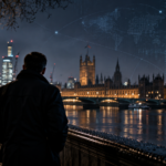 Man stands with his back to the camera on a rainy riverside promenade at night, overlooking the Thames and Westminster with illuminated Parliament and Big Ben, plus a digital network overlay in the sky.