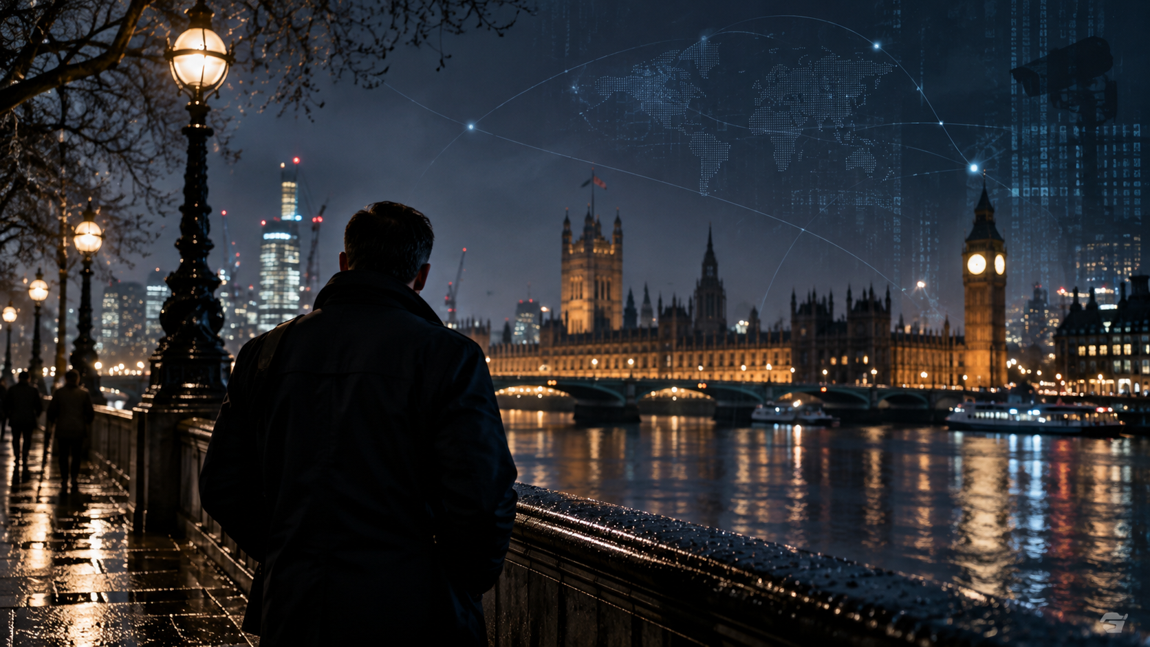 Man stands with his back to the camera on a rainy riverside promenade at night, overlooking the Thames and Westminster with illuminated Parliament and Big Ben, plus a digital network overlay in the sky.
