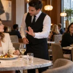 Waiter gestures at a diner filming herself with a ring light and phone on a tripod at a marble table in a stylish restaurant