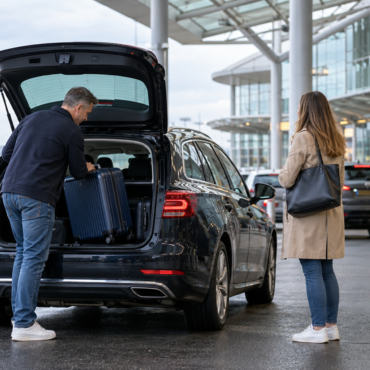 Man loading a blue suitcase into the open trunk of a dark SUV at airport arrival curb, while a woman waits nearby with a bag.